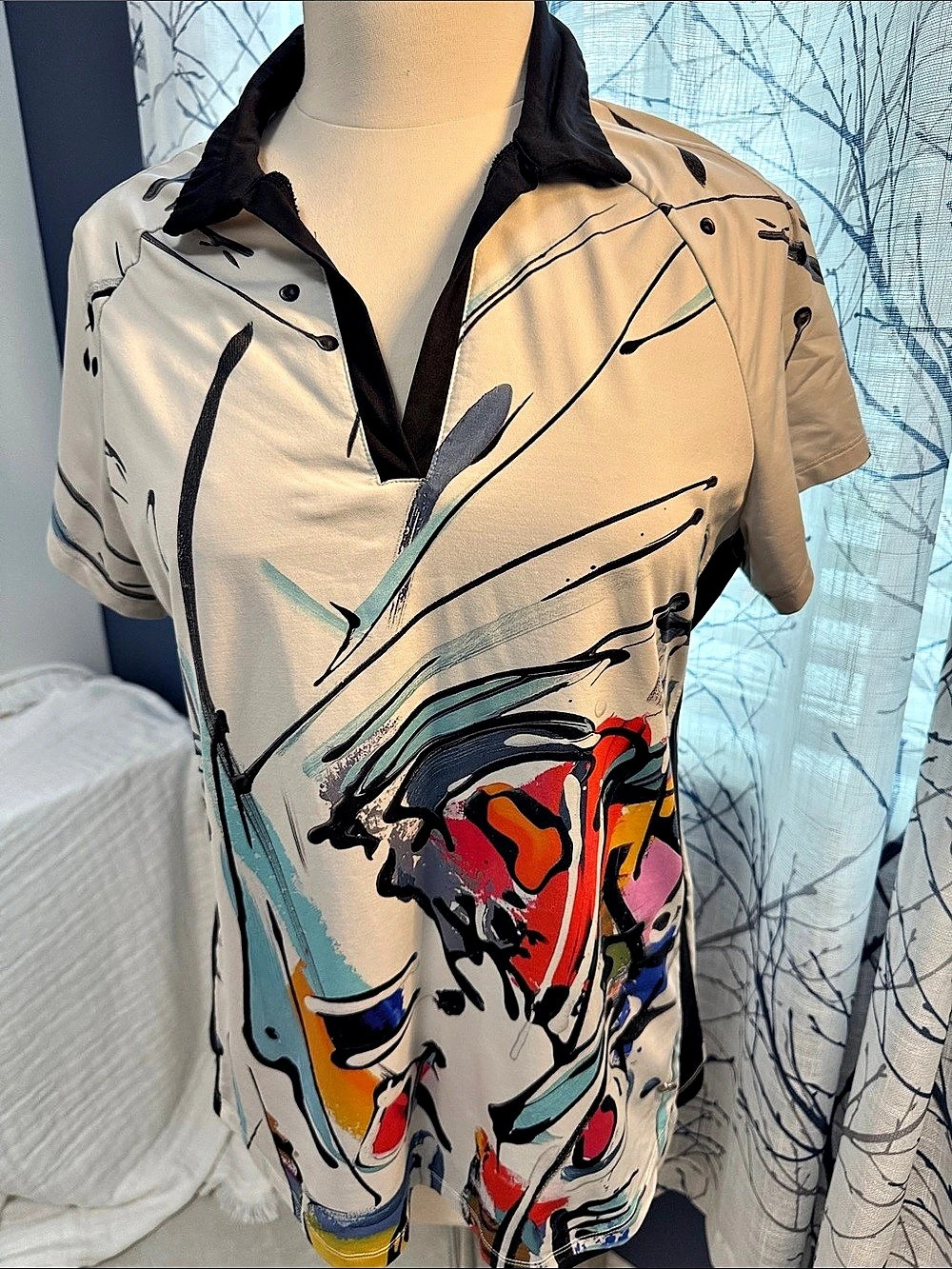 Dolcezza Golf Wear Abstract Print Polo Beige & Black XL